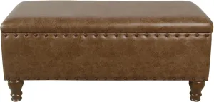 Homepop Home Decor | Upholstered Bench with Nailhead Trim | Large Faux Leather Ottoman with Storage for Living Room & Bedroom | Decorative Home Furniture, Brown Faux Leather
