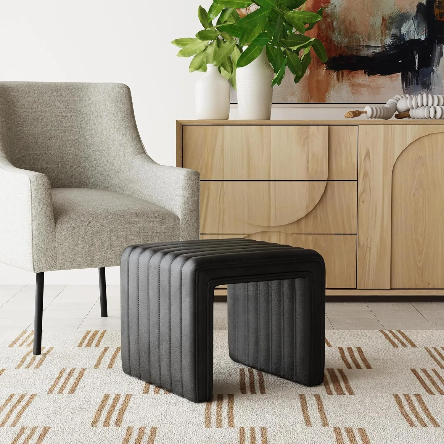 HomePop Modern Channel Tufted Faux Leather Ottoman Home Décor|Ottoman for Living Room & Bedroom - Black Faux Leather