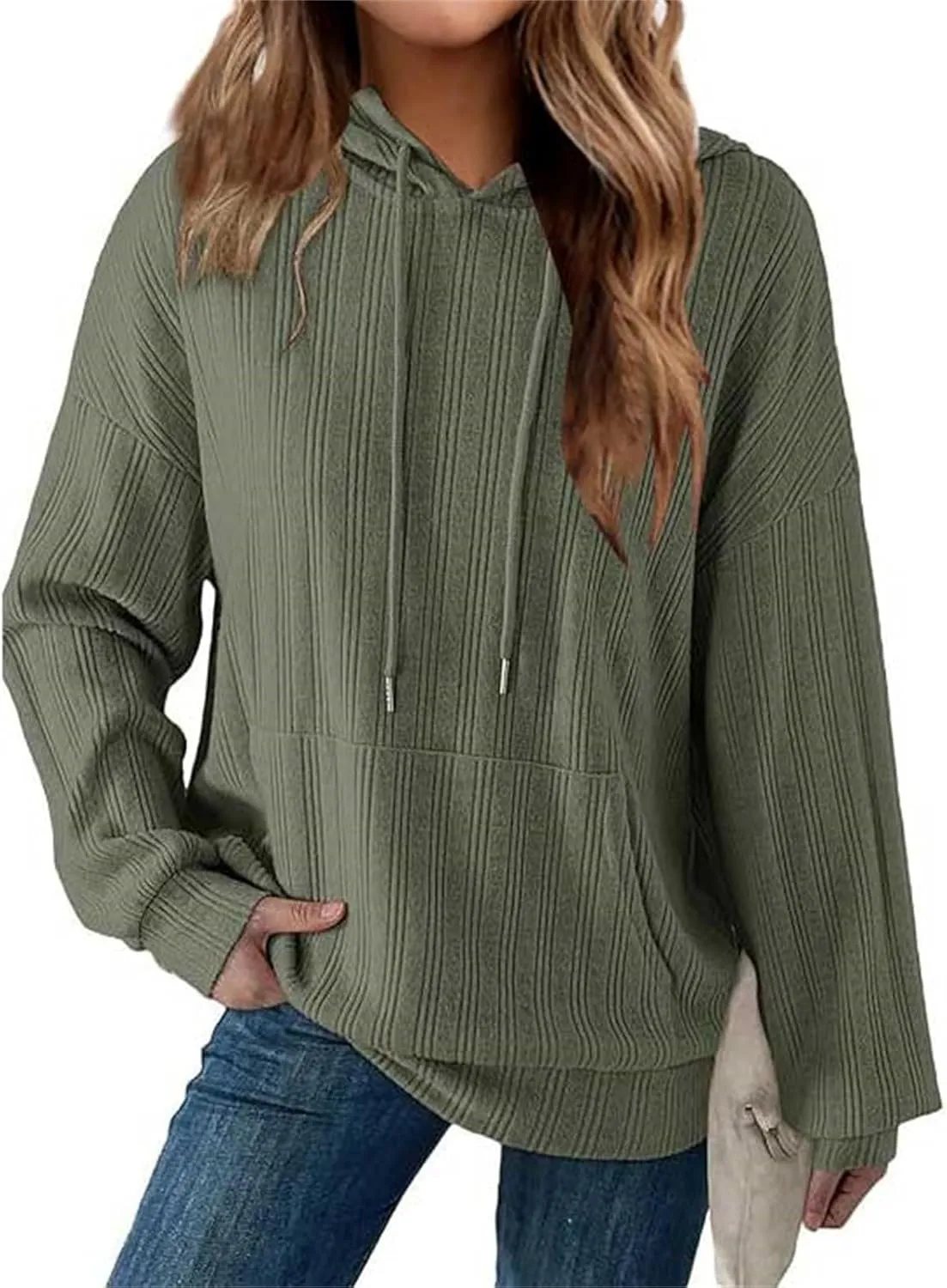 Hoodies Pullover Tops for Women Fashion Drawstring Long Sleeve Sweatshirt with Pockets Casual Solid Color Sweatshirts