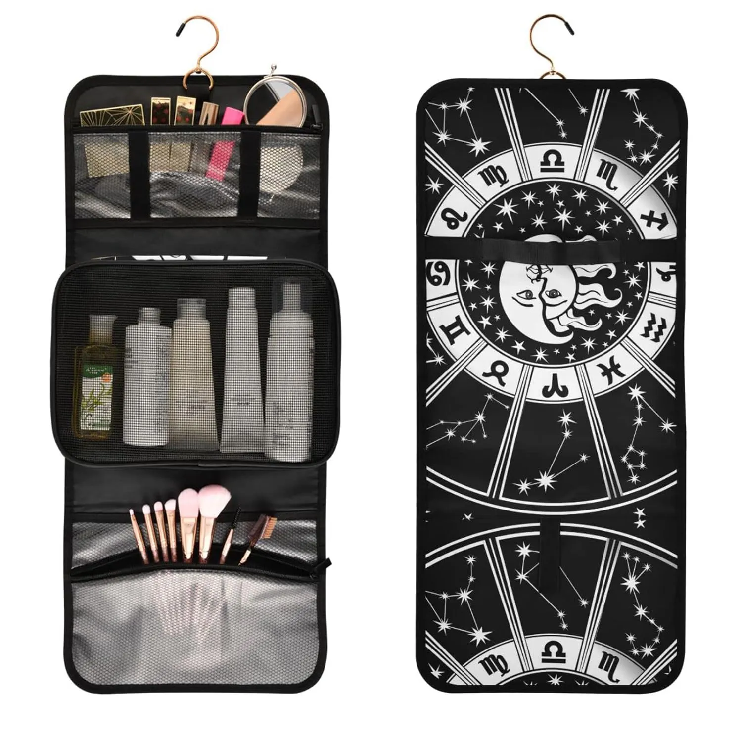 Horoscope Circle with Zodiac Signs Sun Moon Stars Black White Style 1 PC Hanging Toiletry Wash bag Portable Makeup Organizer Brush Storage Case Portable Travel Cosmetic with Hook