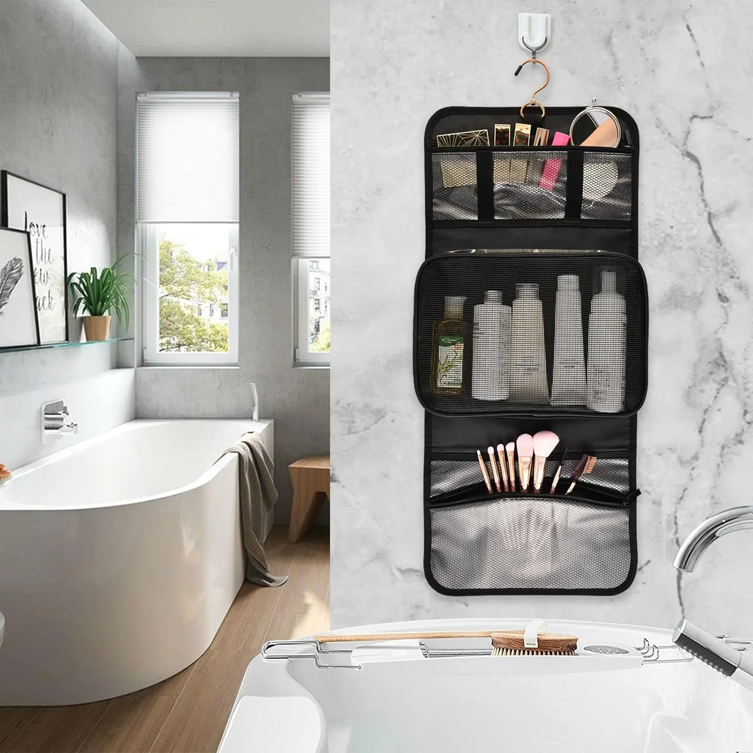 Horoscope Circle with Zodiac Signs Sun Moon Stars Black White Style 1 PC Hanging Toiletry Wash bag Portable Makeup Organizer Brush Storage Case Portable Travel Cosmetic with Hook