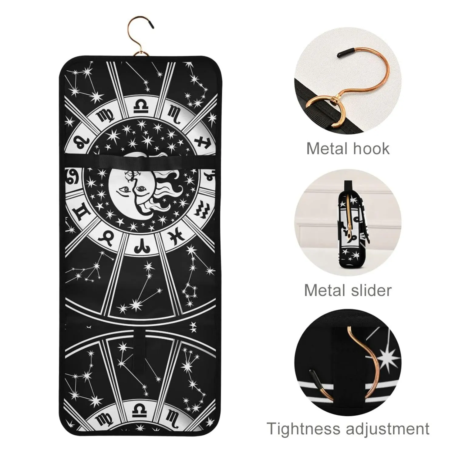 Horoscope Circle with Zodiac Signs Sun Moon Stars Black White Style 1 PC Hanging Toiletry Wash bag Portable Makeup Organizer Brush Storage Case Portable Travel Cosmetic with Hook