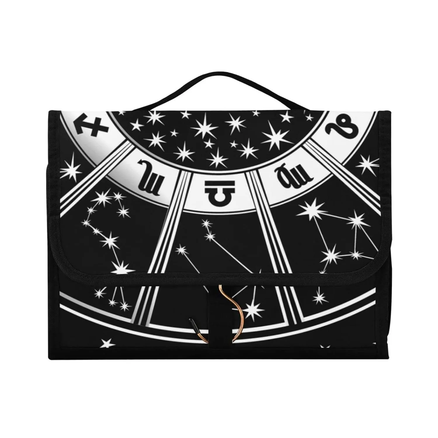 Horoscope Circle with Zodiac Signs Sun Moon Stars Black White Style 1 PC Hanging Toiletry Wash bag Portable Makeup Organizer Brush Storage Case Portable Travel Cosmetic with Hook