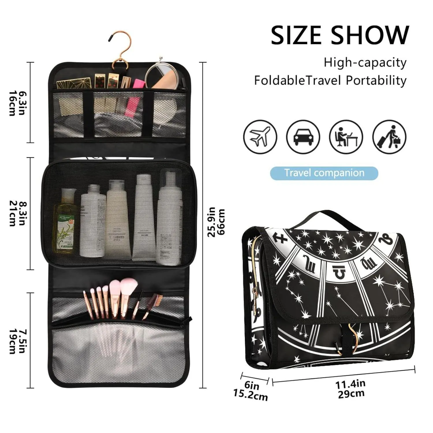 Horoscope Circle with Zodiac Signs Sun Moon Stars Black White Style 1 PC Hanging Toiletry Wash bag Portable Makeup Organizer Brush Storage Case Portable Travel Cosmetic with Hook