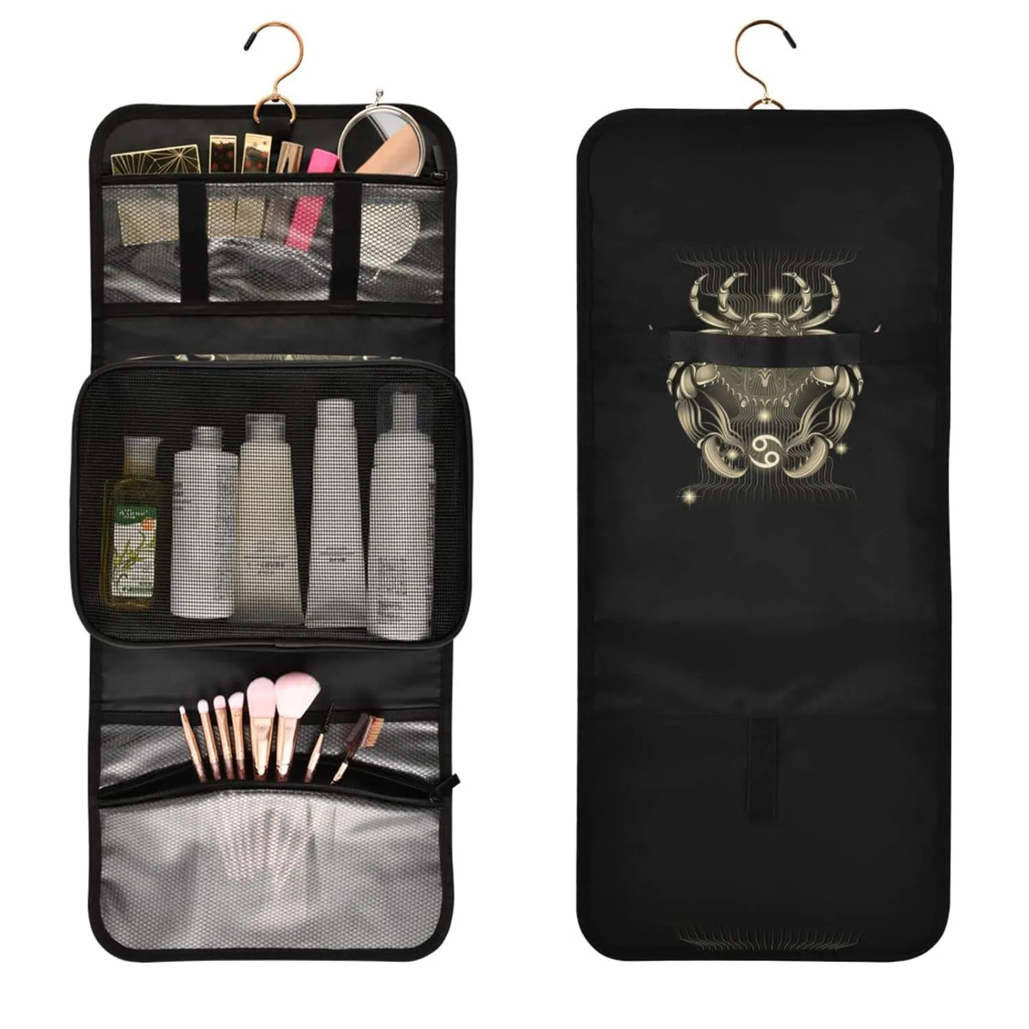 Horoscope Circle with Zodiac Signs Sun Moon Stars Black White Style 1 PC Hanging Toiletry Wash bag Portable Makeup Organizer Brush Storage Case Portable Travel Cosmetic with Hook