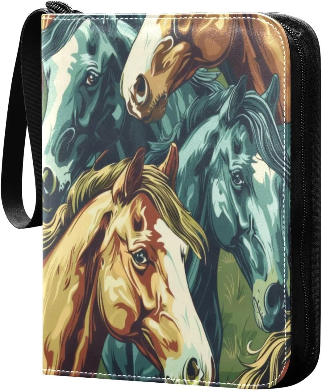 Horse Painting Pattern Card Binder 4-Pocket, 400 Pockets PU Waterproof Zippered Collector Card Album with 50 Removable Sleeves for Trading, Game Cards