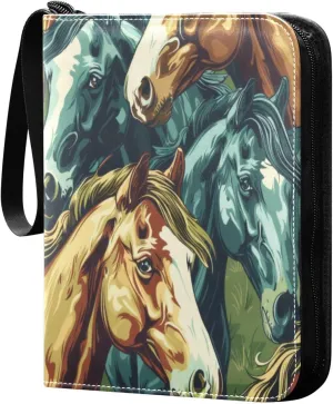 Horse Painting Pattern Card Binder 4-Pocket, 400 Pockets PU Waterproof Zippered Collector Card Album with 50 Removable Sleeves for Trading, Game Cards