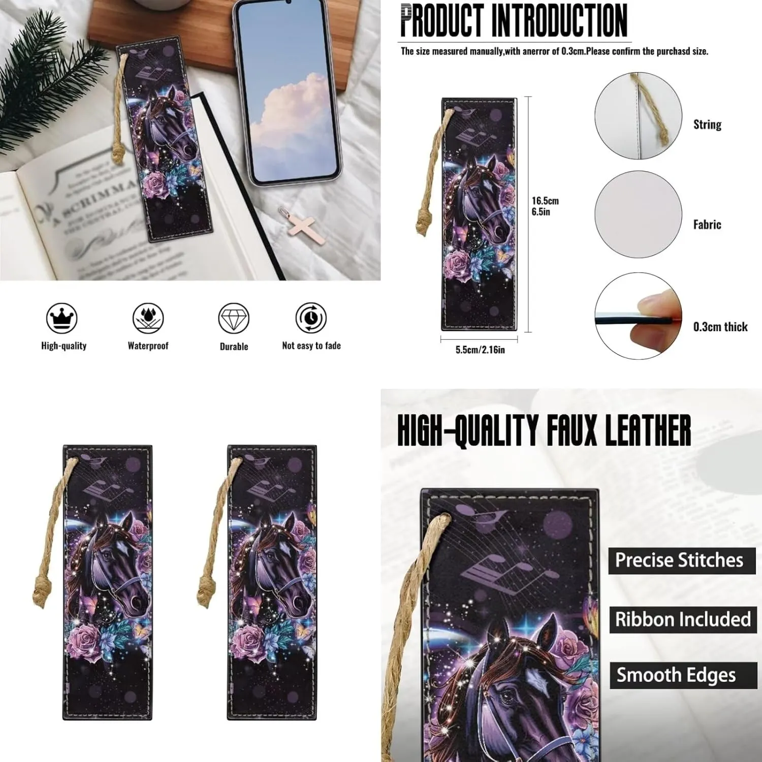 Horse Rose Print Bible Case Bible Bag 3 Piece Bible Carrying Case for Women Leather bookmark Stylish Large Bible Covers