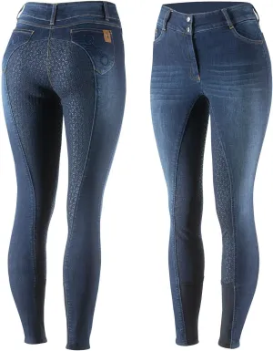 HORZE Kaia Womens Denim Horse Riding Pants | High Waist Silicone Full Seat Breeches | Accurate Size Chart