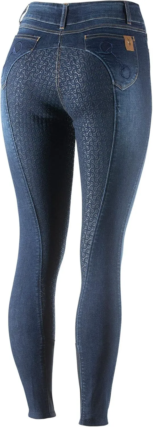 HORZE Kaia Womens Denim Horse Riding Pants | High Waist Silicone Full Seat Breeches | Accurate Size Chart