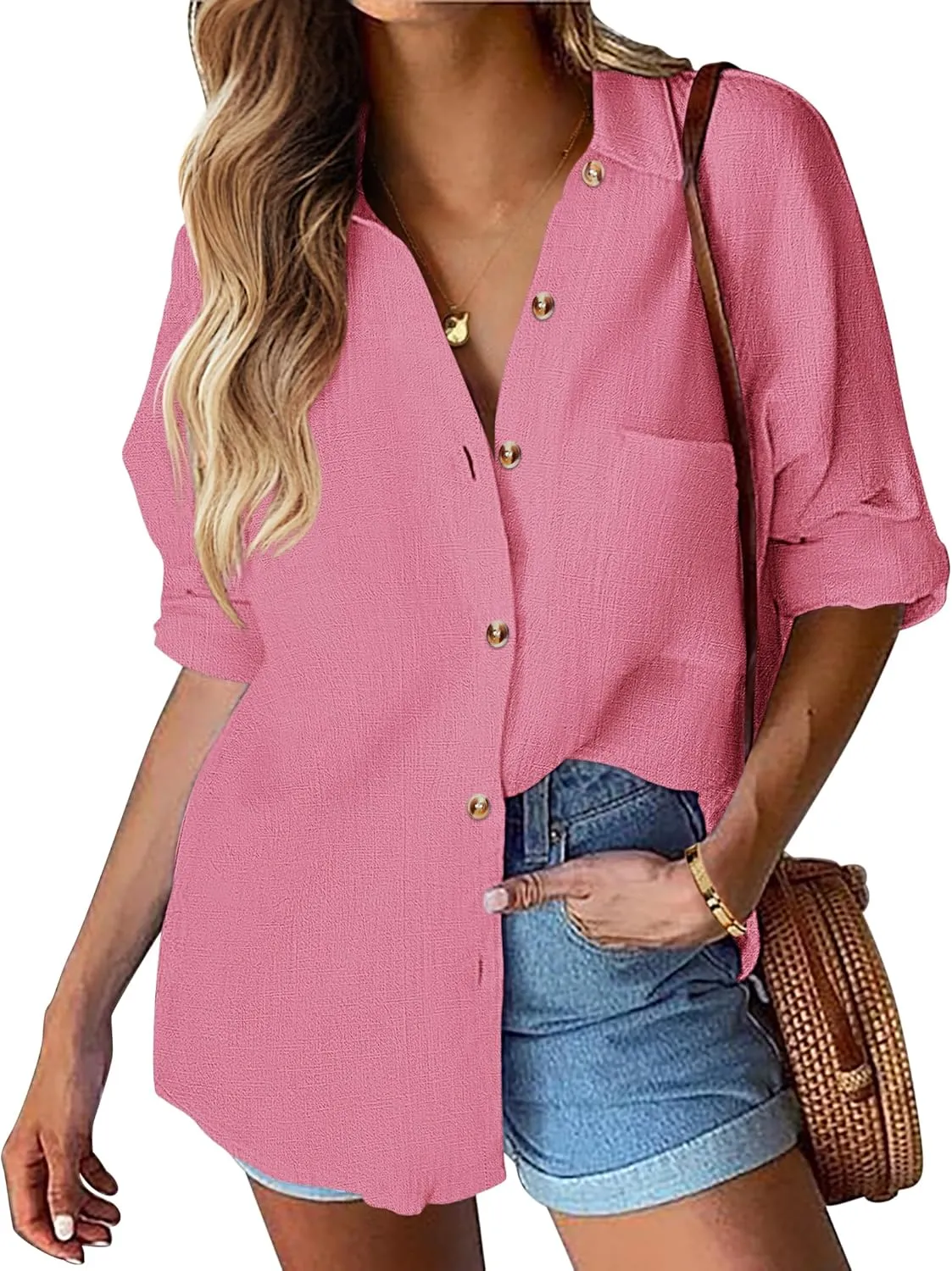 HOTOUCH Womens Linen Button Down Shirt Casual Long Sleeve Cotton Blouse Loose Fit Collared Work Gauze Tops with Pocket