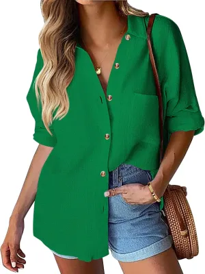 HOTOUCH Womens Linen Button Down Shirt Casual Long Sleeve Cotton Blouse Loose Fit Collared Work Gauze Tops with Pocket