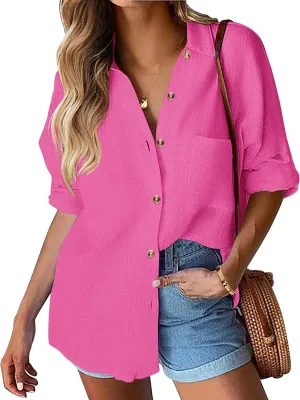 HOTOUCH Womens Linen Button Down Shirt Casual Long Sleeve Cotton Blouse Loose Fit Collared Work Gauze Tops with Pocket