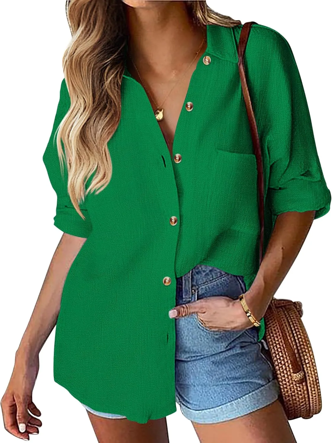HOTOUCH Womens Linen Button Down Shirt Casual Long Sleeve Cotton Blouse Loose Fit Collared Work Gauze Tops with Pocket