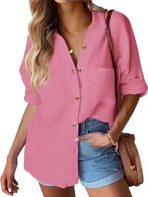 HOTOUCH Womens Linen Button Down Shirt Casual Long Sleeve Cotton Blouse Loose Fit Collared Work Gauze Tops with Pocket