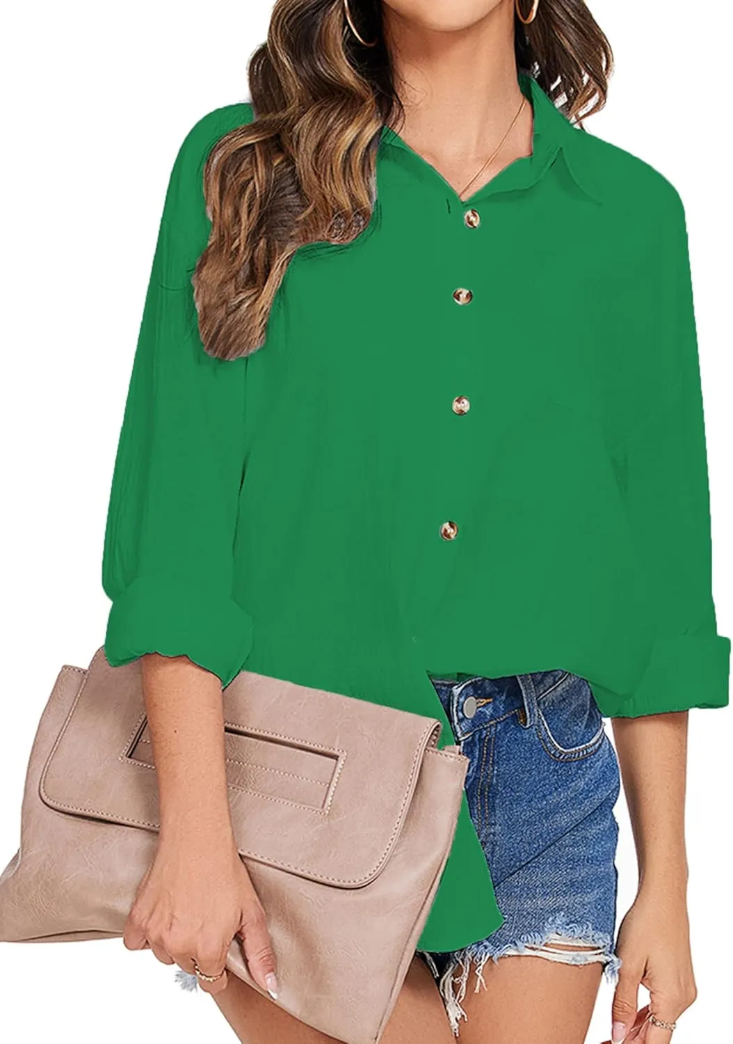 HOTOUCH Womens Linen Button Down Shirt Casual Long Sleeve Cotton Blouse Loose Fit Collared Work Gauze Tops with Pocket