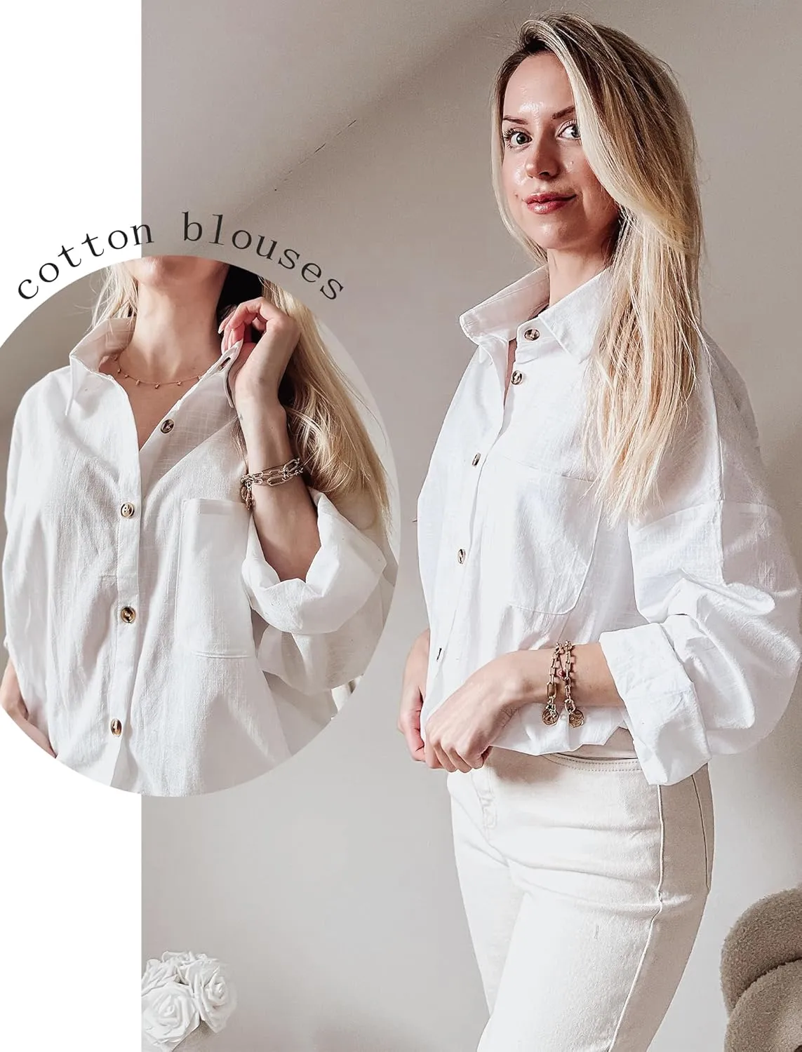 HOTOUCH Womens Linen Button Down Shirt Casual Long Sleeve Cotton Blouse Loose Fit Collared Work Gauze Tops with Pocket