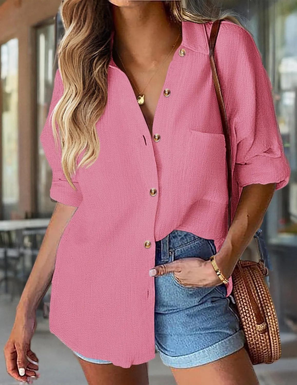 HOTOUCH Womens Linen Button Down Shirt Casual Long Sleeve Cotton Blouse Loose Fit Collared Work Gauze Tops with Pocket