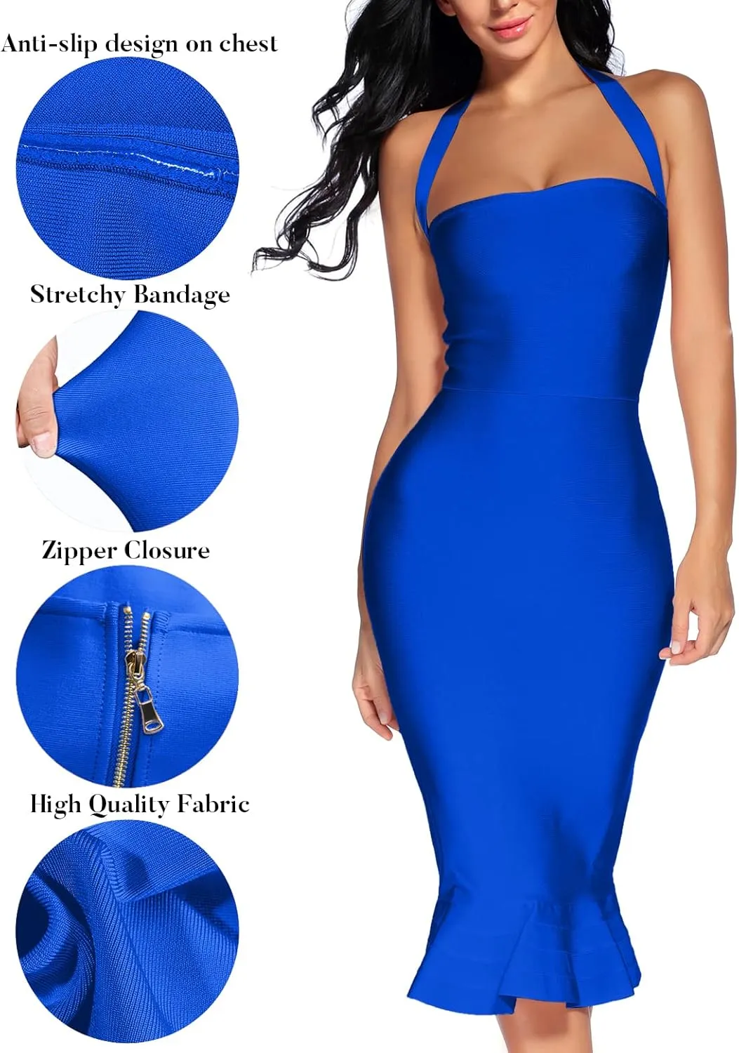 houstil Women's V Neck Halter Fishtail Bandage Bodycon Dress Party