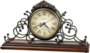 Howard Miller Waucedah Mantel Clock II 549-618 – Wrought-Iron Frame, Antique Warm-Grey Finish, Windsor Cherry Finish, Decorative Molding, Quartz Movement