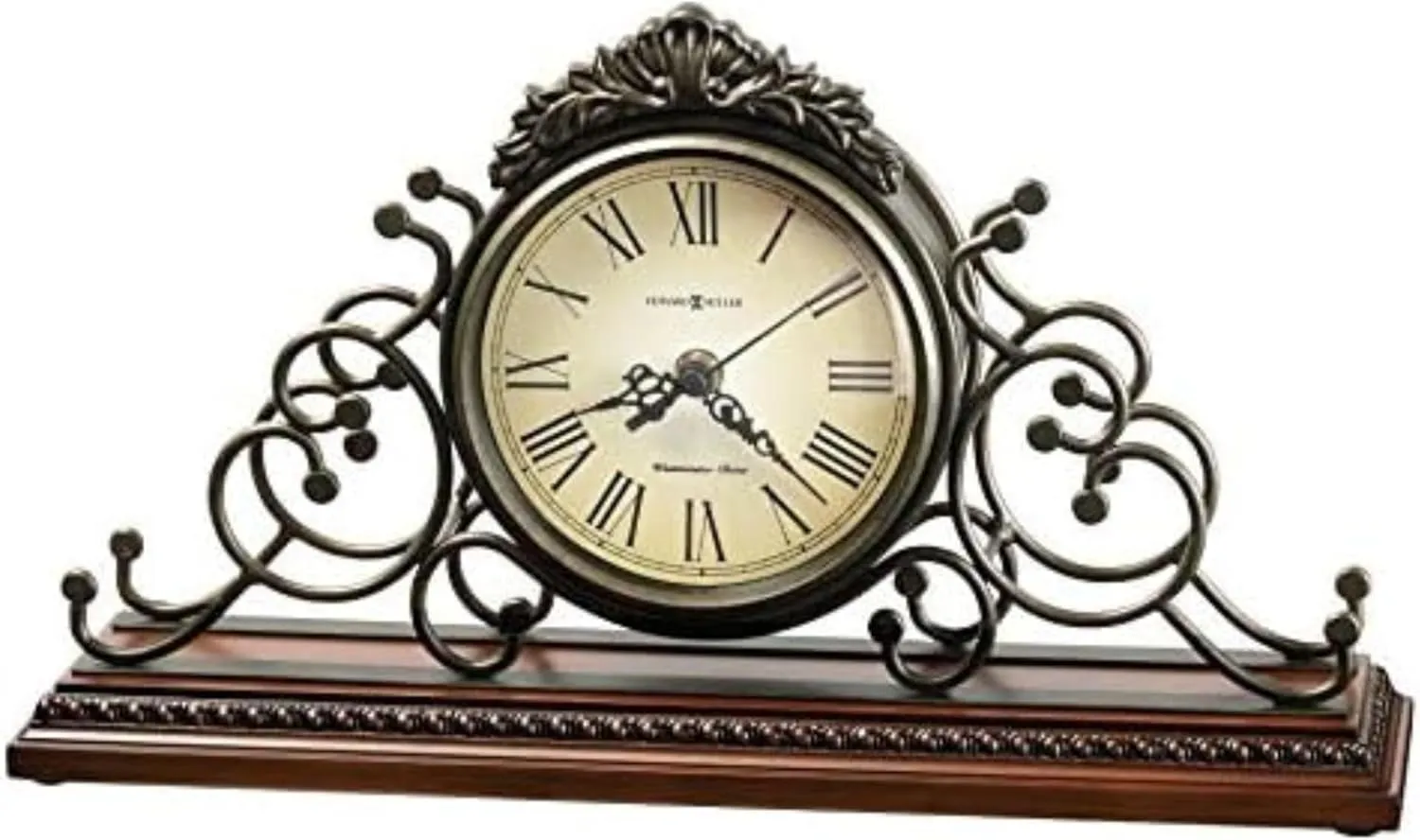 Howard Miller Waucedah Mantel Clock II 549-618 – Wrought-Iron Frame, Antique Warm-Grey Finish, Windsor Cherry Finish, Decorative Molding, Quartz Movement