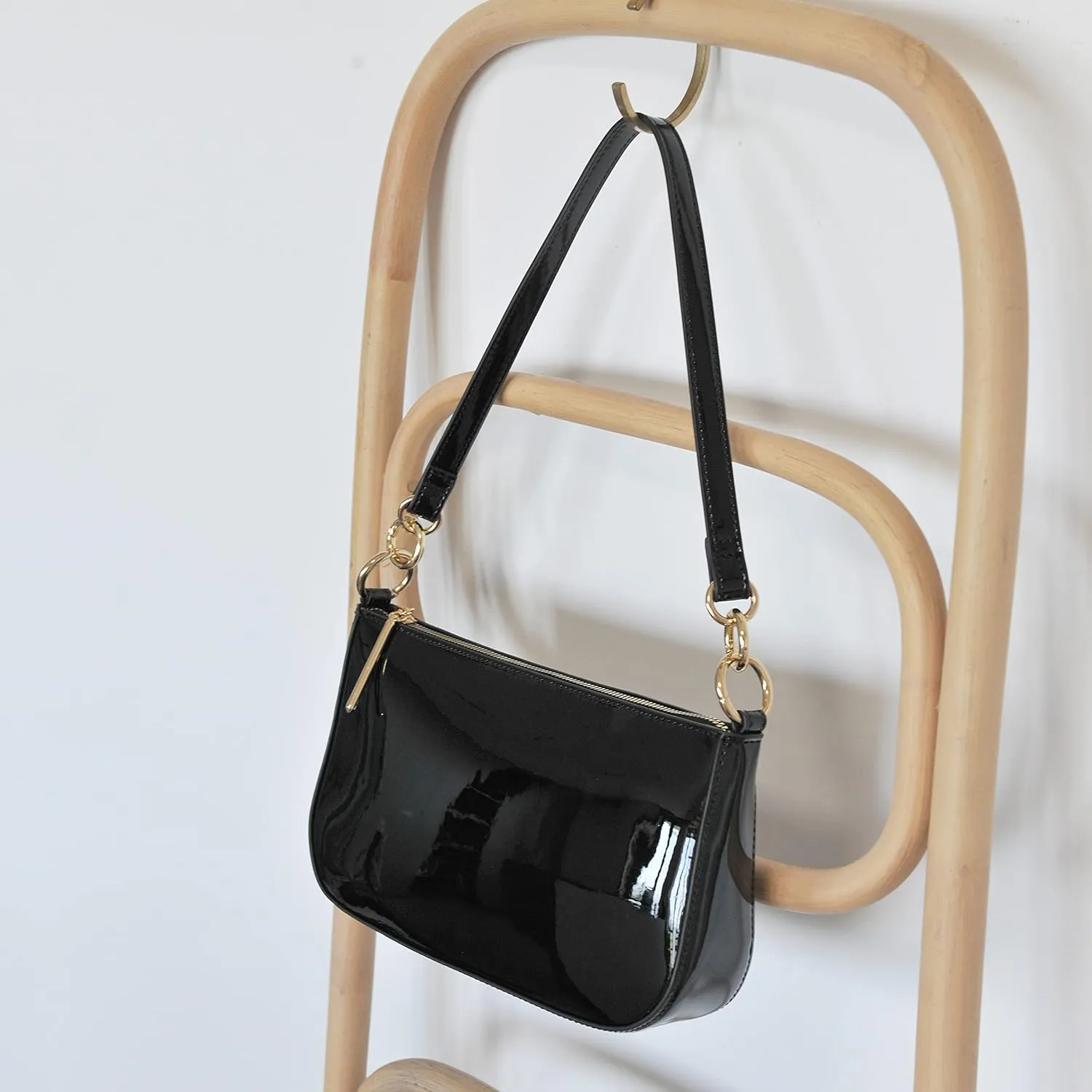 HOXIS Glossy Faux Patent Leather Women Shoulder Bag Shiny Clutch Crossbody Bag 90s Purse