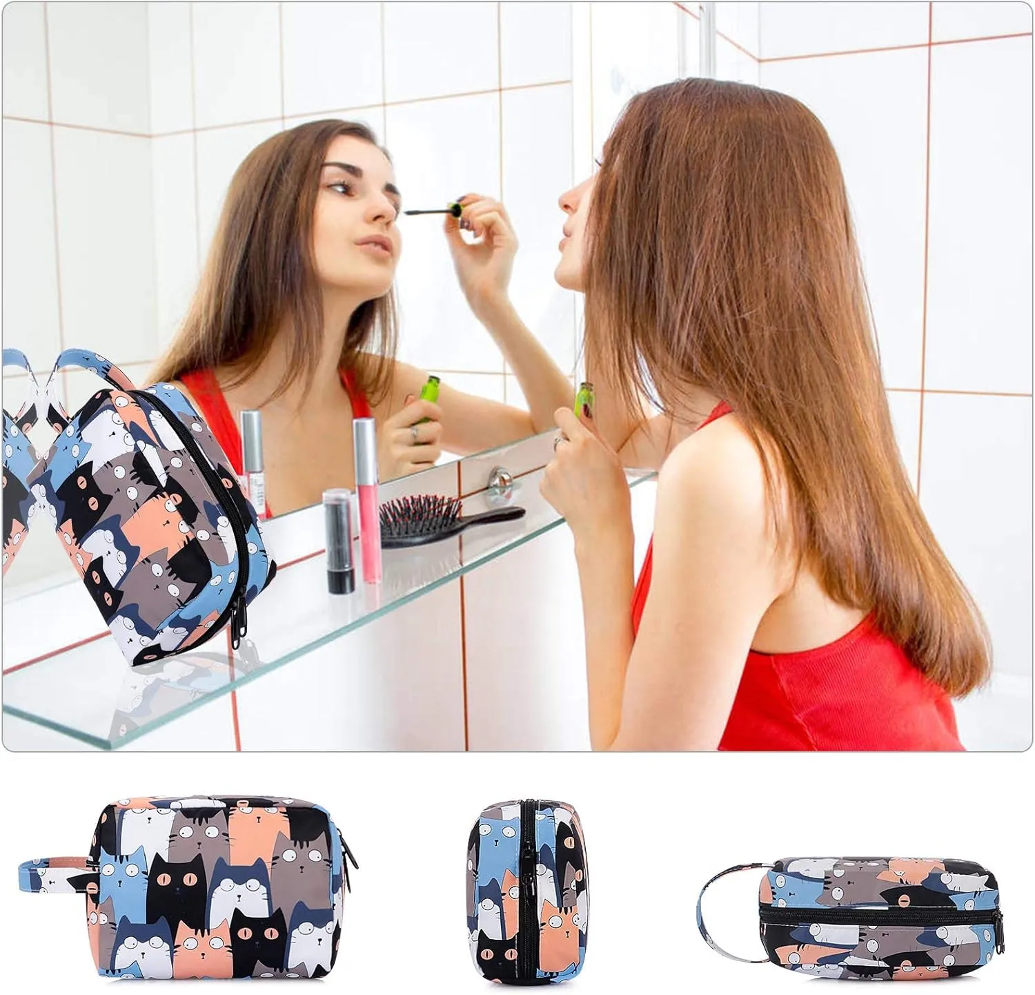 HUA ANEGL Floral Cosmetic Bag - Travel Toiletry Cosmetic Bags for Women Zipper Makeup Pouch Purse Cosmetic Bag Organizer Case
