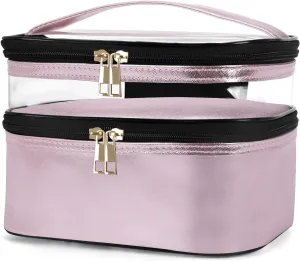 HUA ANGEL Double-layer Cosmetic Bag Travel Makeup Bag for Women Leather Cosmetic Case Portable Travel-Size Toiletry Organizer