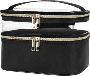 HUA ANGEL Double-layer Cosmetic Bag Travel Makeup Bag for Women Leather Cosmetic Case Portable Travel-Size Toiletry Organizer