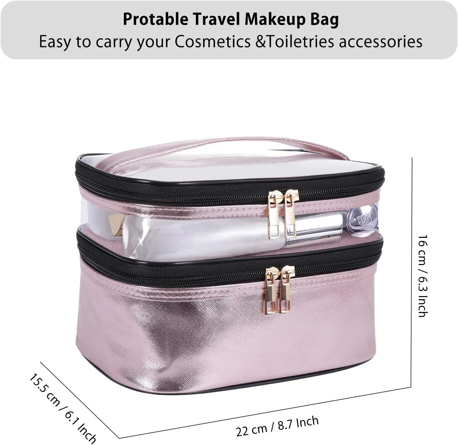 HUA ANGEL Double-layer Cosmetic Bag Travel Makeup Bag for Women Leather Cosmetic Case Portable Travel-Size Toiletry Organizer