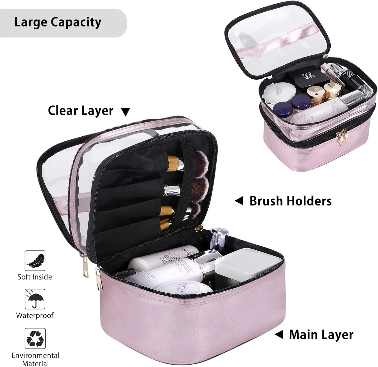 HUA ANGEL Double-layer Cosmetic Bag Travel Makeup Bag for Women Leather Cosmetic Case Portable Travel-Size Toiletry Organizer