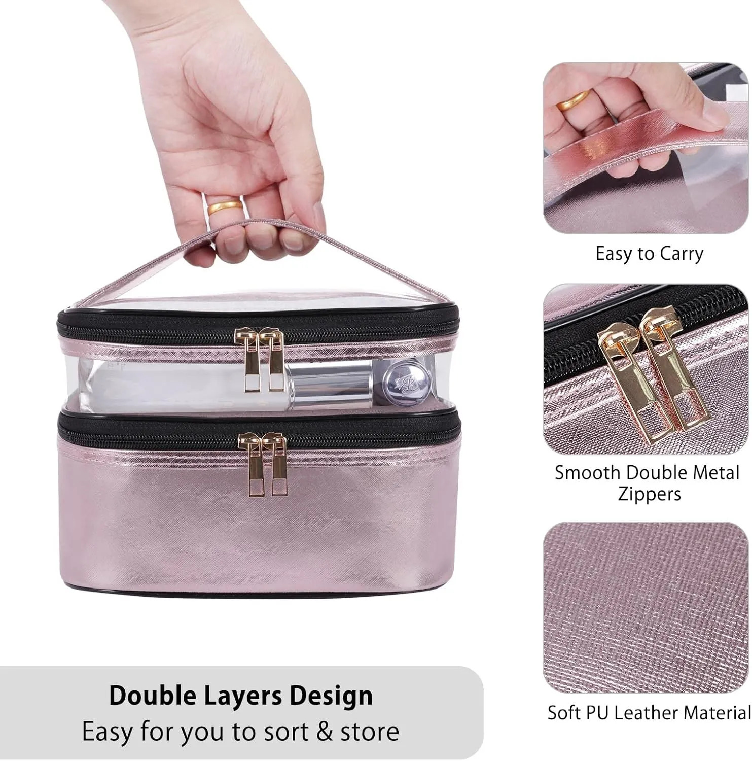 HUA ANGEL Double-layer Cosmetic Bag Travel Makeup Bag for Women Leather Cosmetic Case Portable Travel-Size Toiletry Organizer
