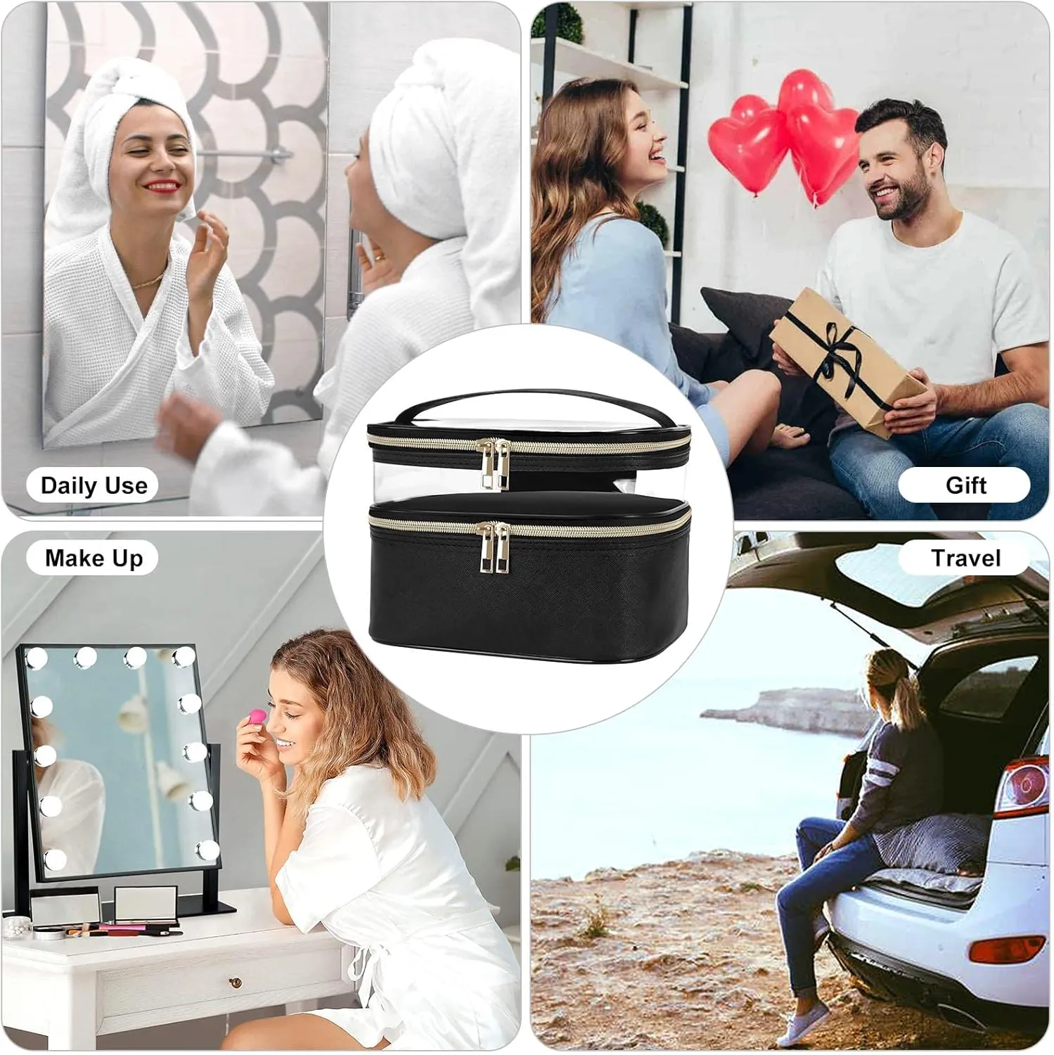 HUA ANGEL Double-layer Cosmetic Bag Travel Makeup Bag for Women Leather Cosmetic Case Portable Travel-Size Toiletry Organizer