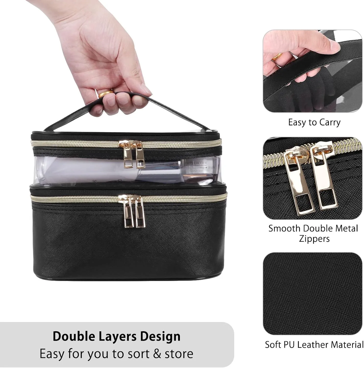 HUA ANGEL Double-layer Cosmetic Bag Travel Makeup Bag for Women Leather Cosmetic Case Portable Travel-Size Toiletry Organizer