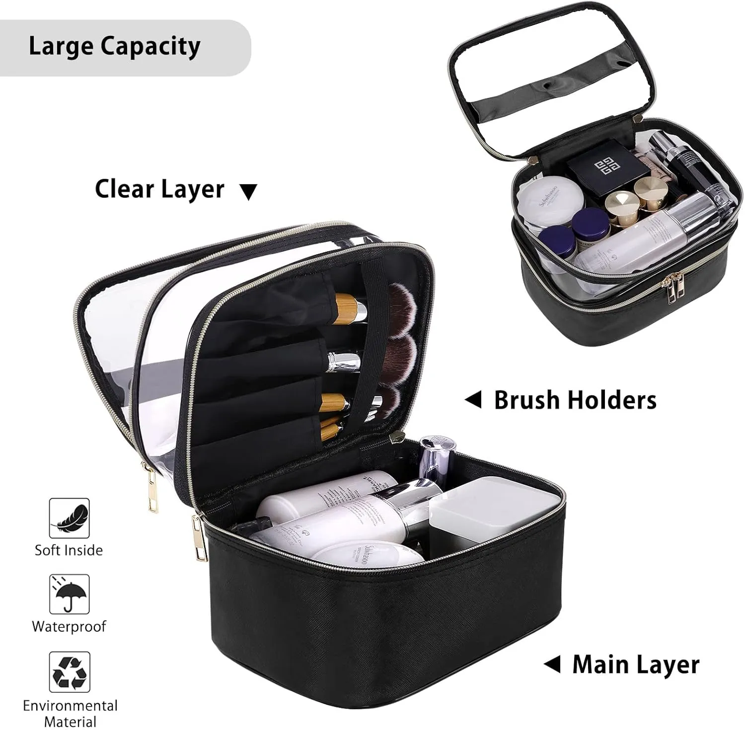 HUA ANGEL Double-layer Cosmetic Bag Travel Makeup Bag for Women Leather Cosmetic Case Portable Travel-Size Toiletry Organizer