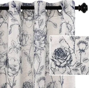H.VERSAILTEX Boho Floral Linen Curtains, Semi Sheer Light Filtering Curtain, Drapes 84 Inch Length 2 Panels Set, Grommet Farmhouse Vintage Curtain, Print Pattern Treatments for Livingroom, Navy White