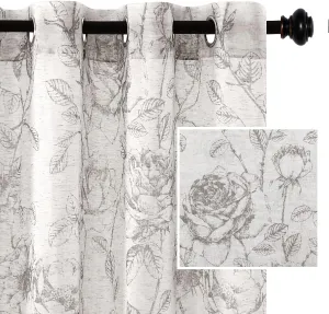 H.VERSAILTEX Boho Floral Linen Curtains, Semi Sheer Light Filtering Curtains, Drapes 84 Inch Length 2 Panels Set, Grommet Top Farmhouse Vintage Curtain, Print Pattern Treatments for Bedroom, Grey