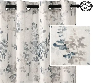H.VERSAILTEX Sheer Linen Curtains 63 Inch Long Semi Sheer Curtains Draperies for Living Room/Bedroom Vintage Classical Floral Printing Window Treatment Grommet 2 Panels, Bluestone and Taupe