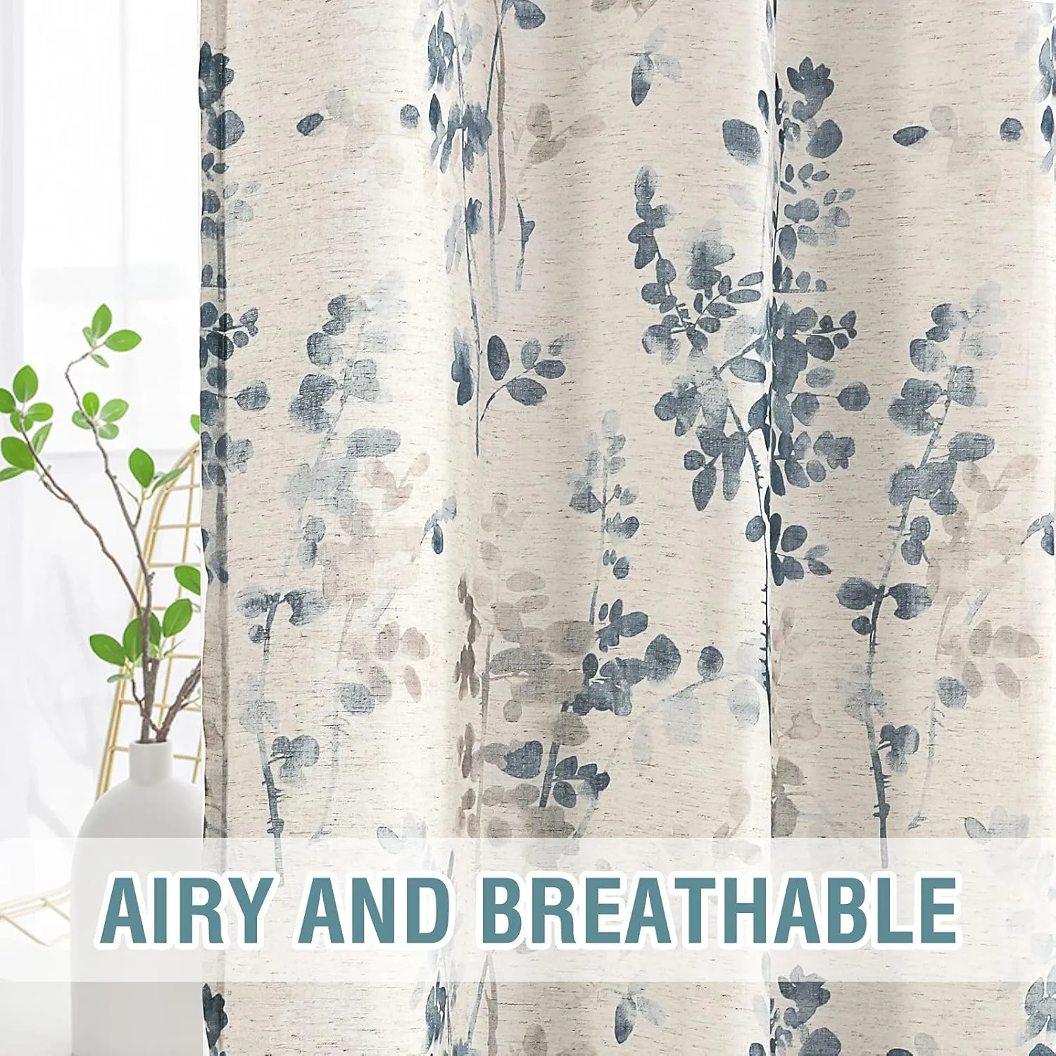H.VERSAILTEX Sheer Linen Curtains 63 Inch Long Semi Sheer Curtains Draperies for Living Room/Bedroom Vintage Classical Floral Printing Window Treatment Grommet 2 Panels, Bluestone and Taupe