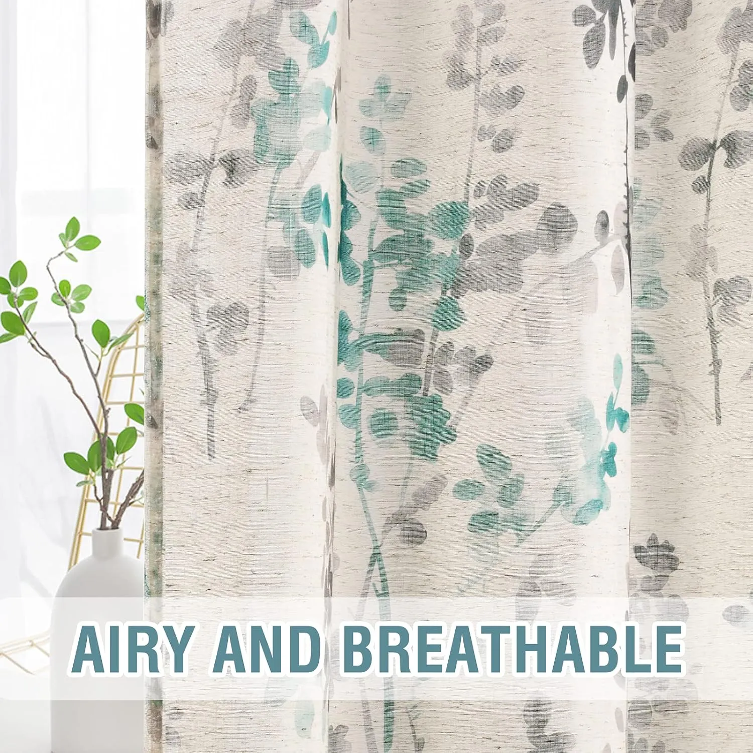 H.VERSAILTEX Sheer Linen Curtains 63 Inch Long Semi Sheer Curtains Draperies for Living Room/Bedroom Vintage Classical Floral Printing Window Treatment Grommet 2 Panels, Turquoise and Taupe