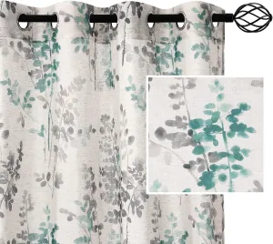 H.VERSAILTEX Sheer Linen Curtains 63 Inch Long Semi Sheer Curtains Draperies for Living Room/Bedroom Vintage Classical Floral Printing Window Treatment Grommet 2 Panels, Turquoise and Taupe