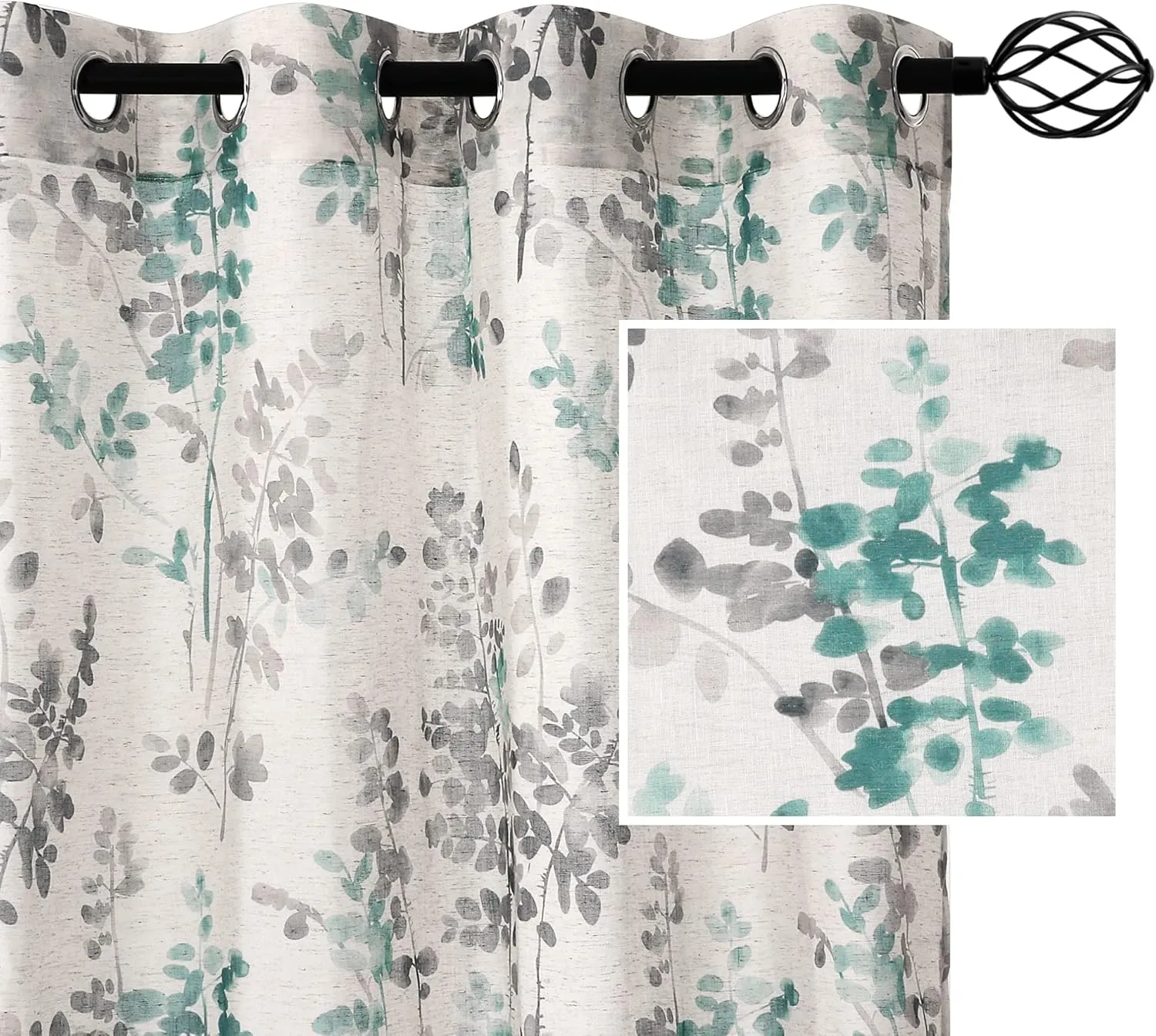 H.VERSAILTEX Sheer Linen Curtains 63 Inch Long Semi Sheer Curtains Draperies for Living Room/Bedroom Vintage Classical Floral Printing Window Treatment Grommet 2 Panels, Turquoise and Taupe