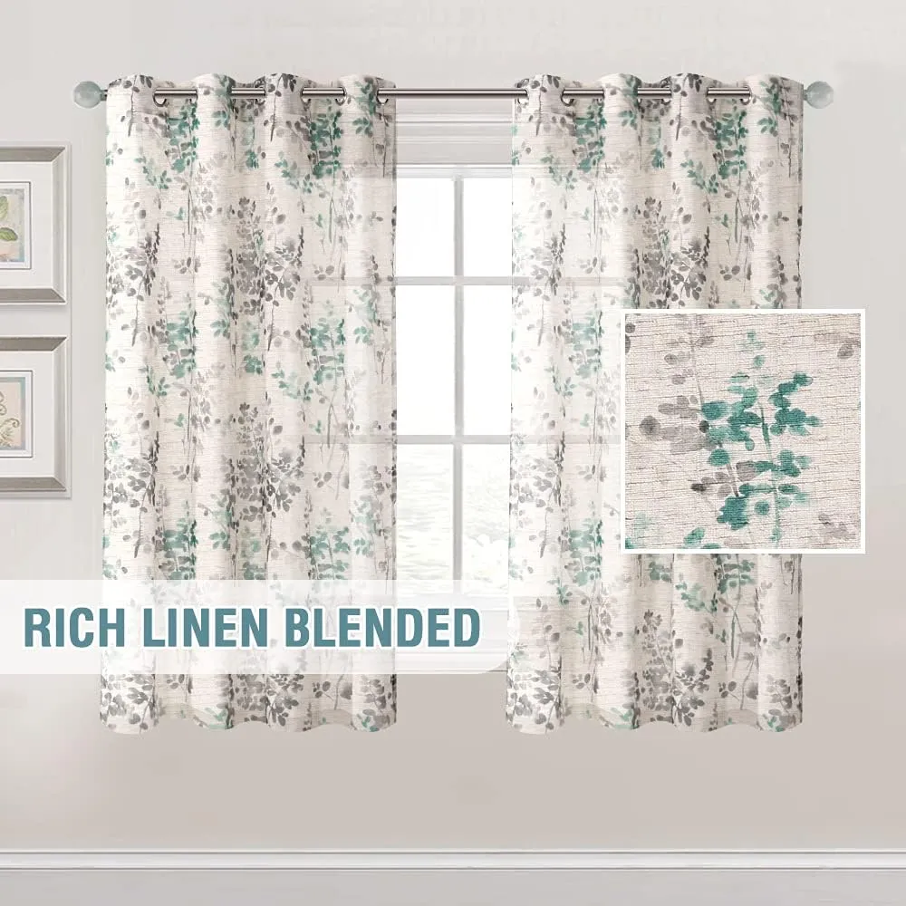 H.VERSAILTEX Sheer Linen Curtains 63 Inch Long Semi Sheer Curtains Draperies for Living Room/Bedroom Vintage Classical Floral Printing Window Treatment Grommet 2 Panels, Turquoise and Taupe