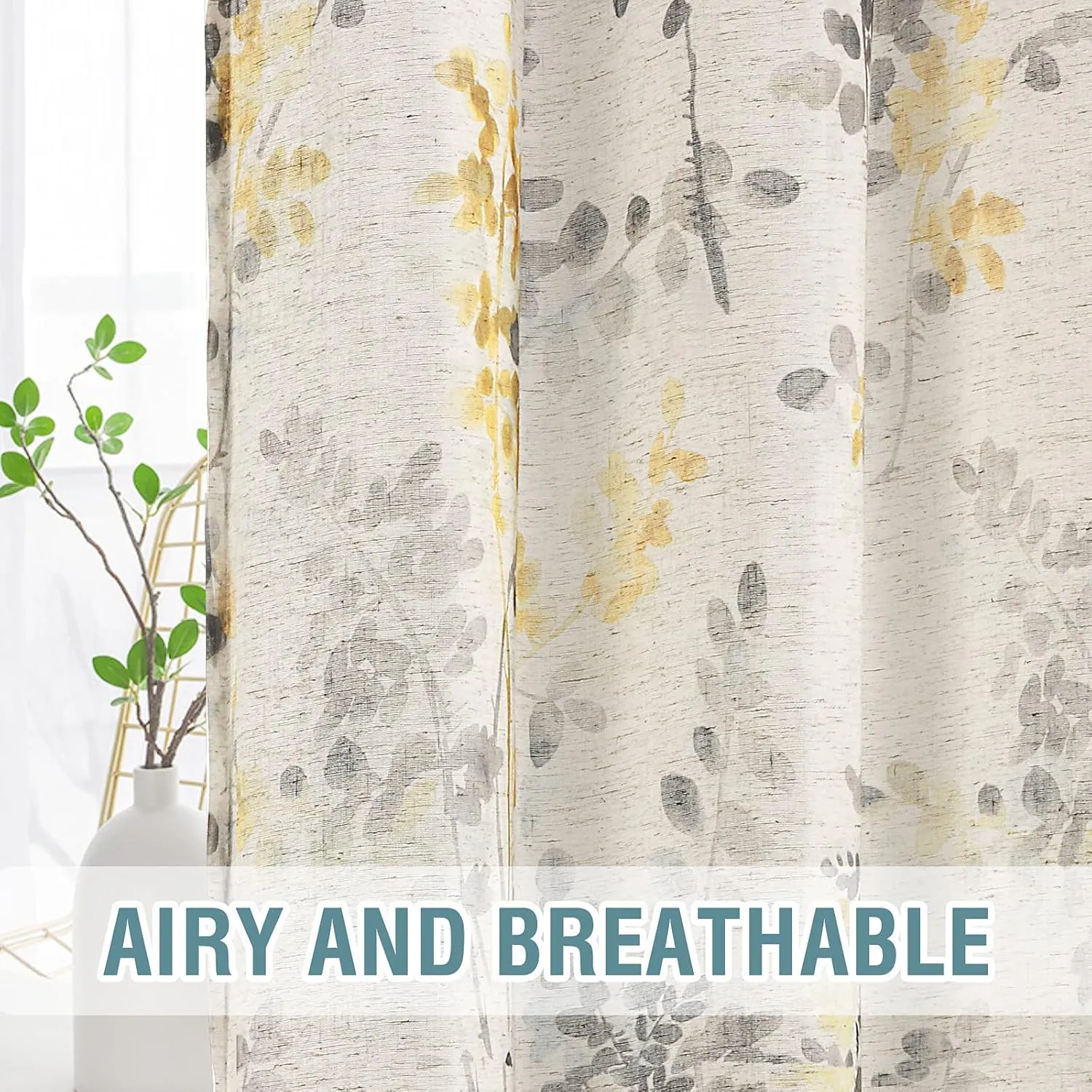 H.VERSAILTEX Sheer Linen Curtains 63 Inch Long Semi Sheer Curtains Draperies for Living Room/Bedroom Vintage Classical Floral Printing Window Treatment Grommet 2 Panels, Yellow and Taupe