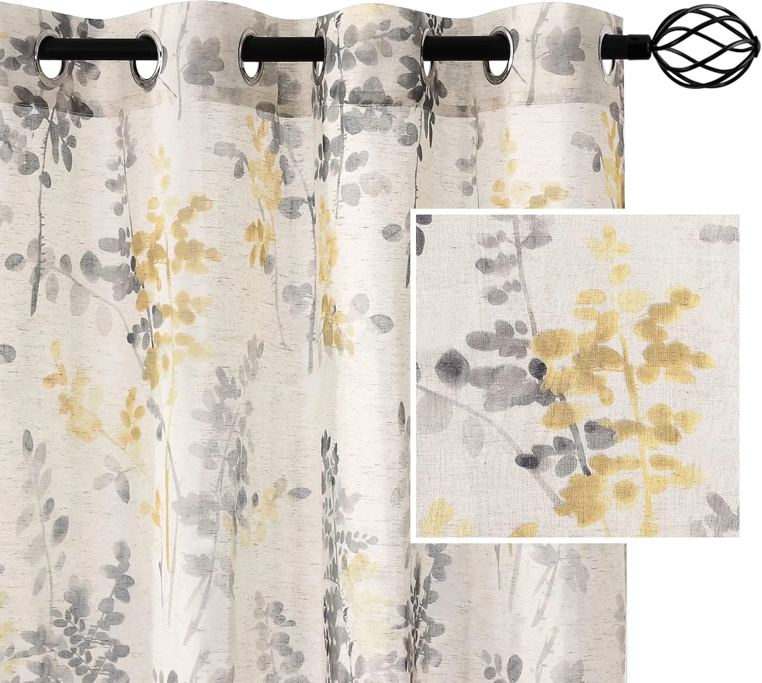 H.VERSAILTEX Sheer Linen Curtains 63 Inch Long Semi Sheer Curtains Draperies for Living Room/Bedroom Vintage Classical Floral Printing Window Treatment Grommet 2 Panels, Yellow and Taupe