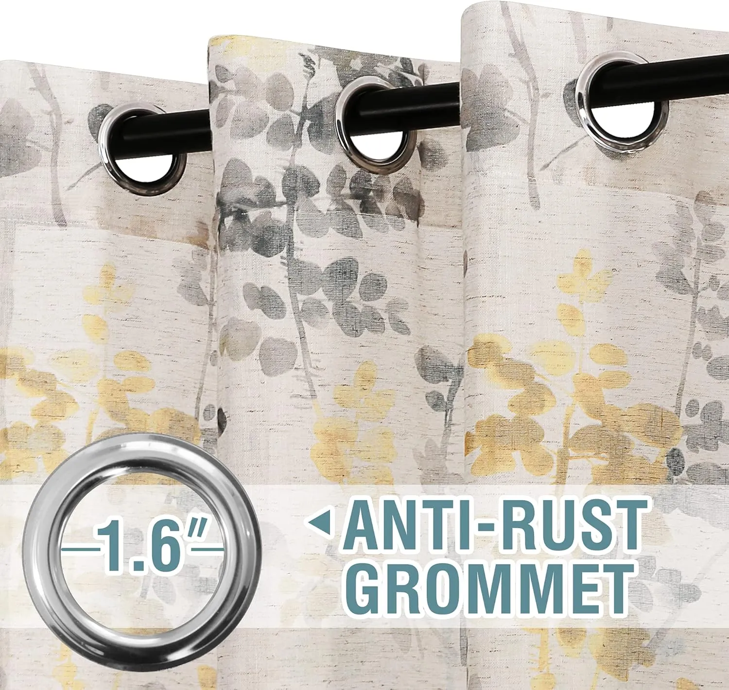 H.VERSAILTEX Sheer Linen Curtains 63 Inch Long Semi Sheer Curtains Draperies for Living Room/Bedroom Vintage Classical Floral Printing Window Treatment Grommet 2 Panels, Yellow and Taupe