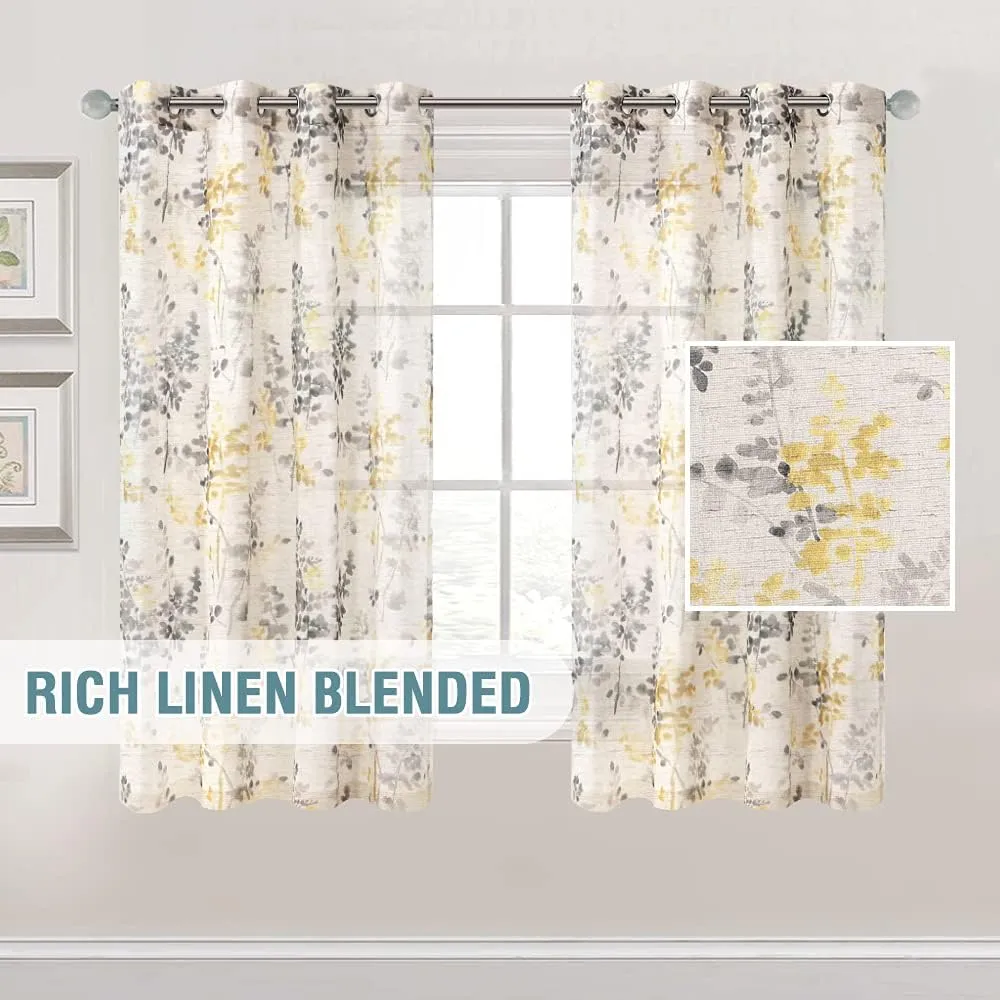 H.VERSAILTEX Sheer Linen Curtains 63 Inch Long Semi Sheer Curtains Draperies for Living Room/Bedroom Vintage Classical Floral Printing Window Treatment Grommet 2 Panels, Yellow and Taupe