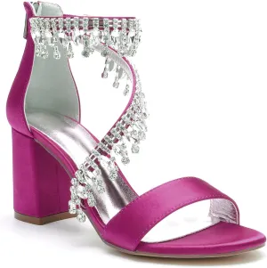 Hyinlays Women's Chunky Block Heels Crystal High Heel Pump Sandals Ankle Strap Wedding Shoes Prom Evening Pumps