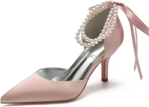 Hyinlays Women's Satin Closed Toe High Heels Wedding Shoes for Bride with Pearl Heeled Formal Evening Prom Party Dress Shoes Pumps