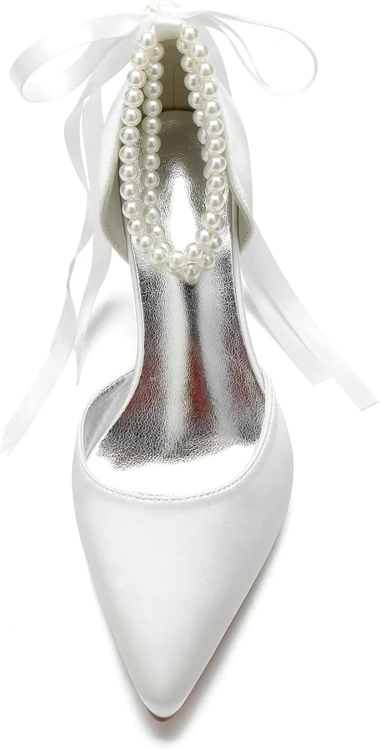 Hyinlays Women's Satin Closed Toe High Heels Wedding Shoes for Bride with Pearl Heeled Formal Evening Prom Party Dress Shoes Pumps